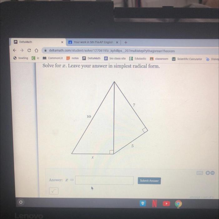 Solve for x. leave your answer in simplest radical form